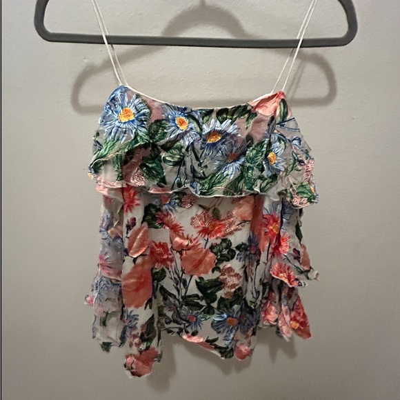 ALICE + OLIVIA Marlee Cold Shoulder Floral Ruffle Sleeve Blouse Top Silk Blend - Picture 6 of 11